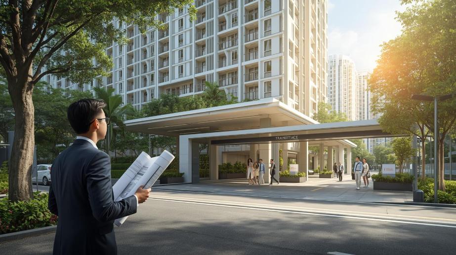 Urban planner observing modern condo beside busy integrated transit station on sunny day.