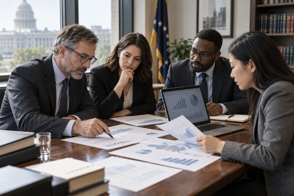 economists reviewing budget documents